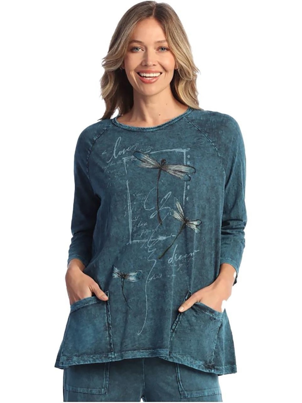 Jess & Jane Mineral Wash Abstract Dragonfly Long-Sleeve Pocket Tunic Sz M